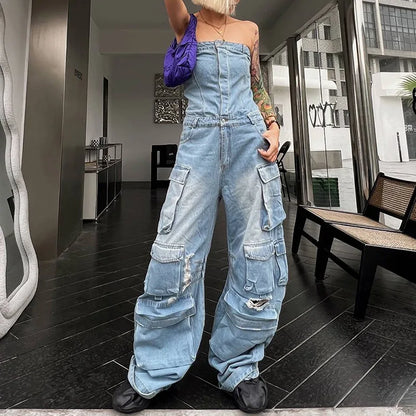 Fashion Y2k Denim Women Jumpsuits Autumn Strapless Single Breasted Cargo Pants with Pockets One Piece Streetwear Jean Rompers