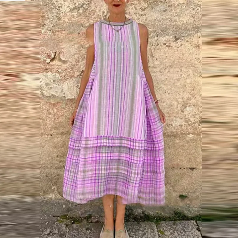 Vintage Striped Sleeveless Vacation A line Dresses Women's Elegant Printing Loose Fashionable Pullover Beach Dress For Women New