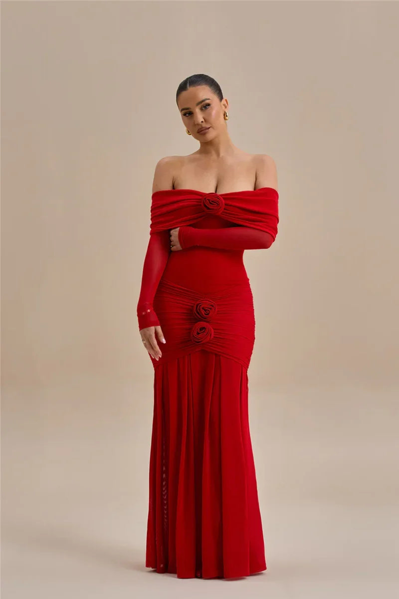 Off Shoulder Mesh Sleeve Ruched Rosette Applique Mermaid Maxi Dress