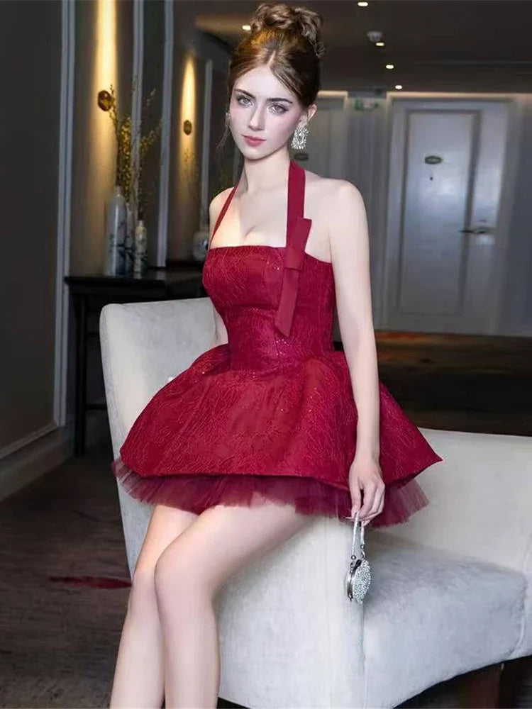 Puss Jacquard Dress +Mesh Puffy Skirt Women Sexy Noble Bow Sequin Sleeveless Halter Backless Stretch Birthday Party Suits