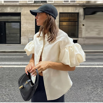 Elegant Women's Satin Puff Sleeve Shirt Loose Lapel Single Breasted Female Blouses 2025 Summer Lady Solid Chic All-match Tops