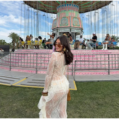 Sexy Ruffle Top Lace Skirt Set Women Loose Lace Up Flare Sleeve Tops See Through Long Skirts 2025 Summer Lady Party Solid Suits