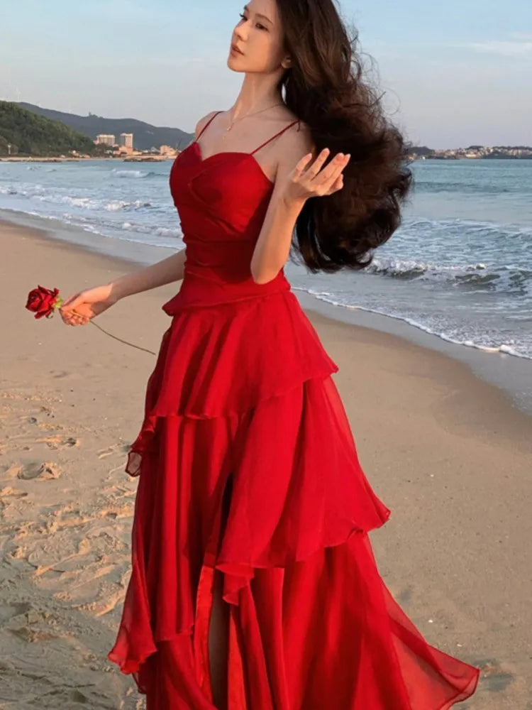 Women Elegant Red Ruffles Waist Cinching Dress Sexy Strap Backless A-Line Long Robe Summer New Style Holiday Evening Dresses
