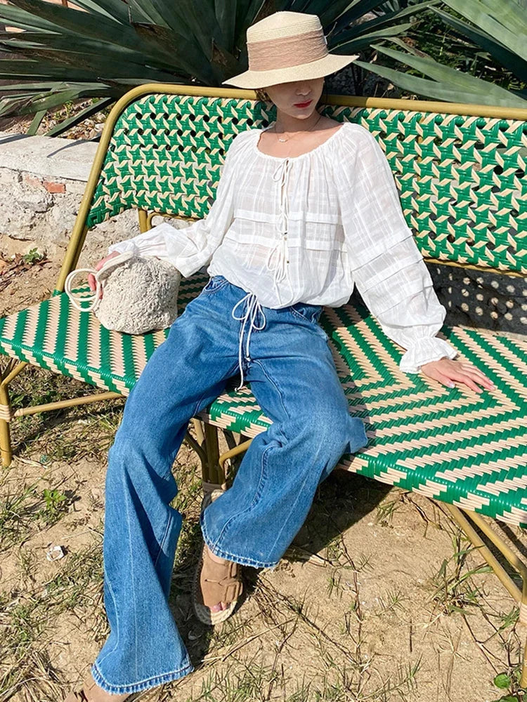 Elegant Chic Loose Shirt Blouse Spring Summer 100% Cotton Long Sleeve Sheer Tiered Vintage Women Ladies Blouse Tops