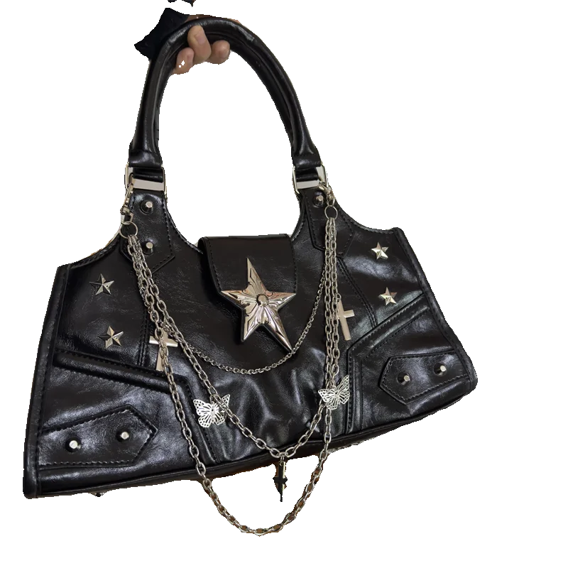 Black Large Capacity Shoulder Bag Y2K Style Crossbody Bag pu Leather Casual Fashion Star Chain Punk Bag