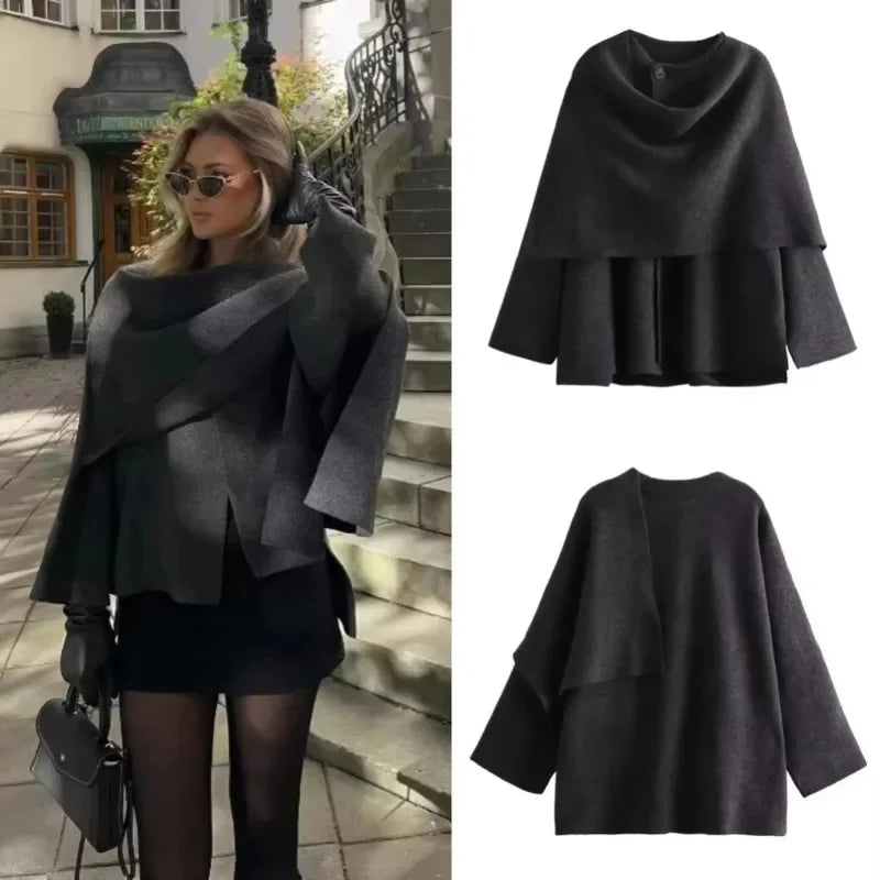 Fashion Asymmetric Scarf Knitted Jacket Women O Neck Single Button Side Slit Solid Loose Coat Winter New Female Chic Outerwear
