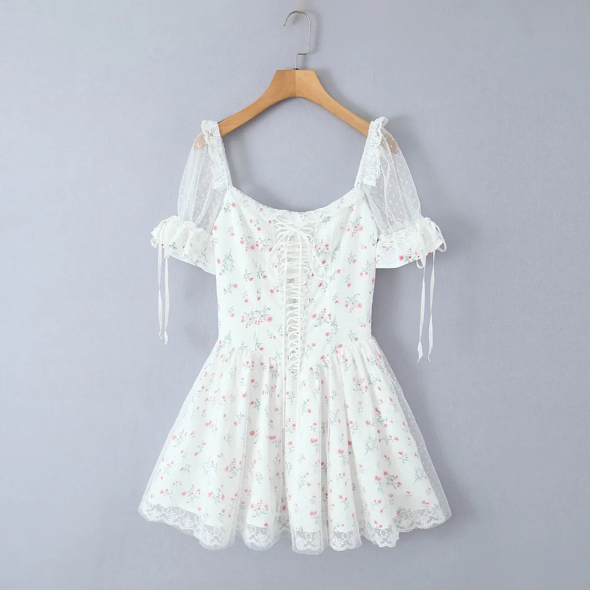 Pastoral Floral Tie-up Polka Dot Mesh Lace Dress 2025 Summer Square Neck Short Sleeve Women Dresses Casual Beach Holiday Dress
