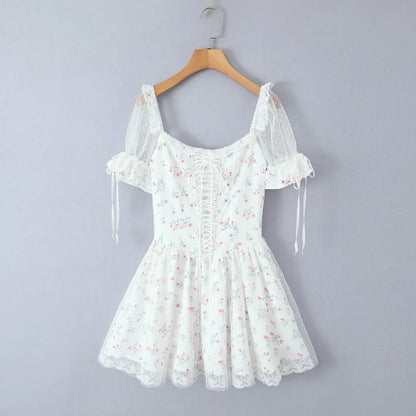 Pastoral Floral Tie-up Polka Dot Mesh Lace Dress 2025 Summer Square Neck Short Sleeve Women Dresses Casual Beach Holiday Dress