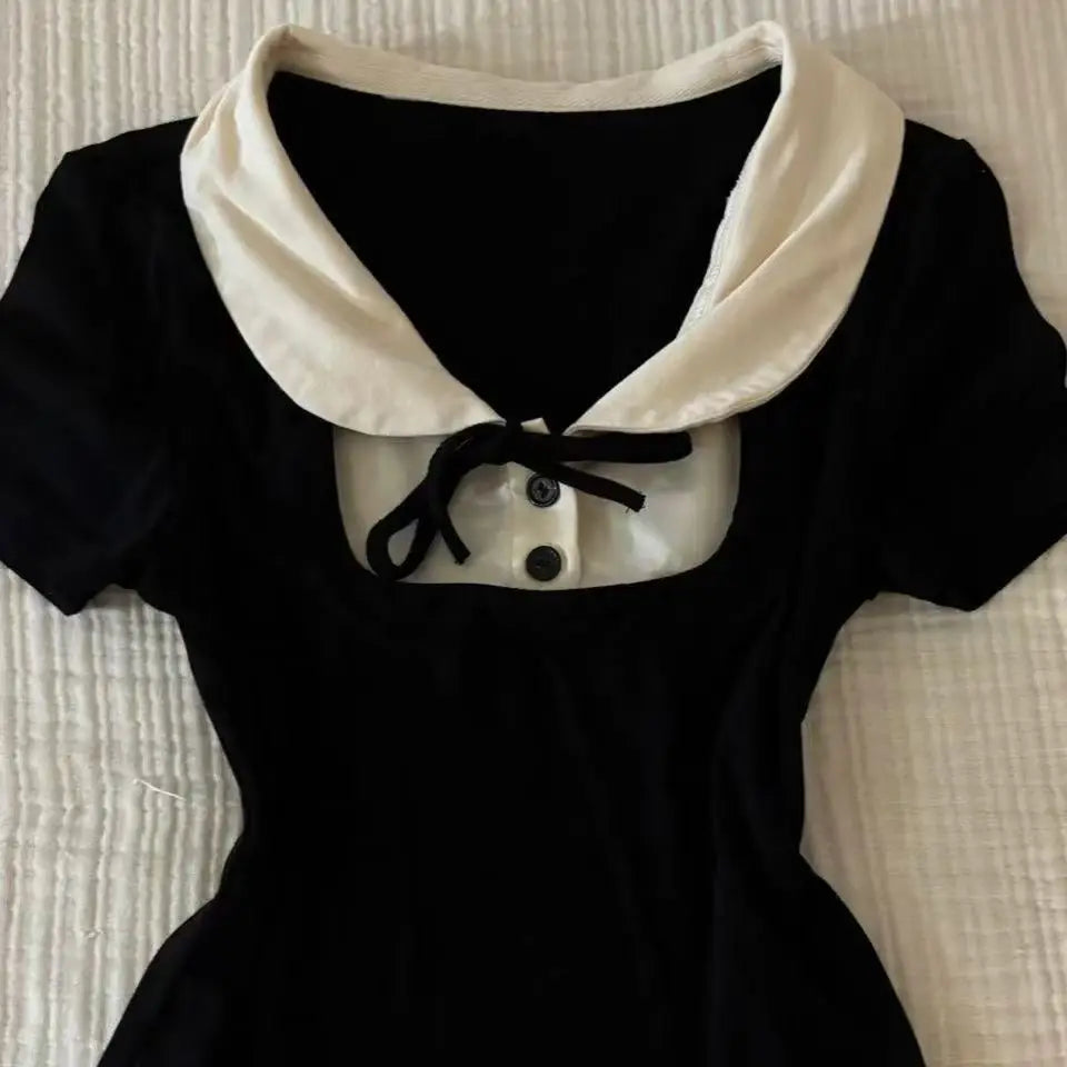 Y2K summer new Harajuku slim fit temperament doll collar short sleeved women's T-shirt retro sweet design casual cute top