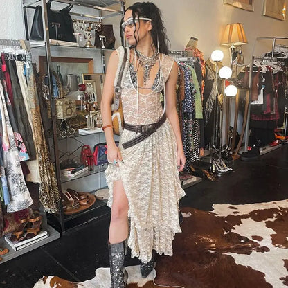 Y2k Grunge See-Through Lace Floral Sheer Tank Dress Women's Sleeveless V Neck Cover-up Long Dress Streetwear Party Dress