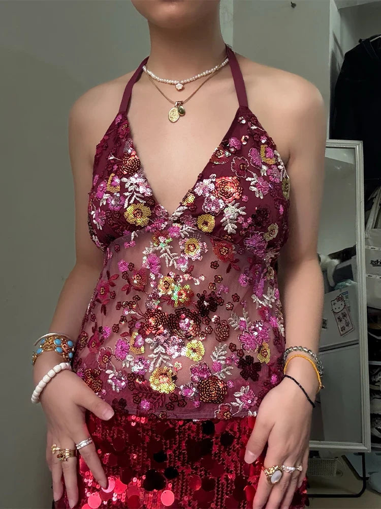 Sequins Sexy Embroidery Tank Top Women Backless Halter Fashion See Through Flower Party Vest 2025 Summer Vacation Chic Tops