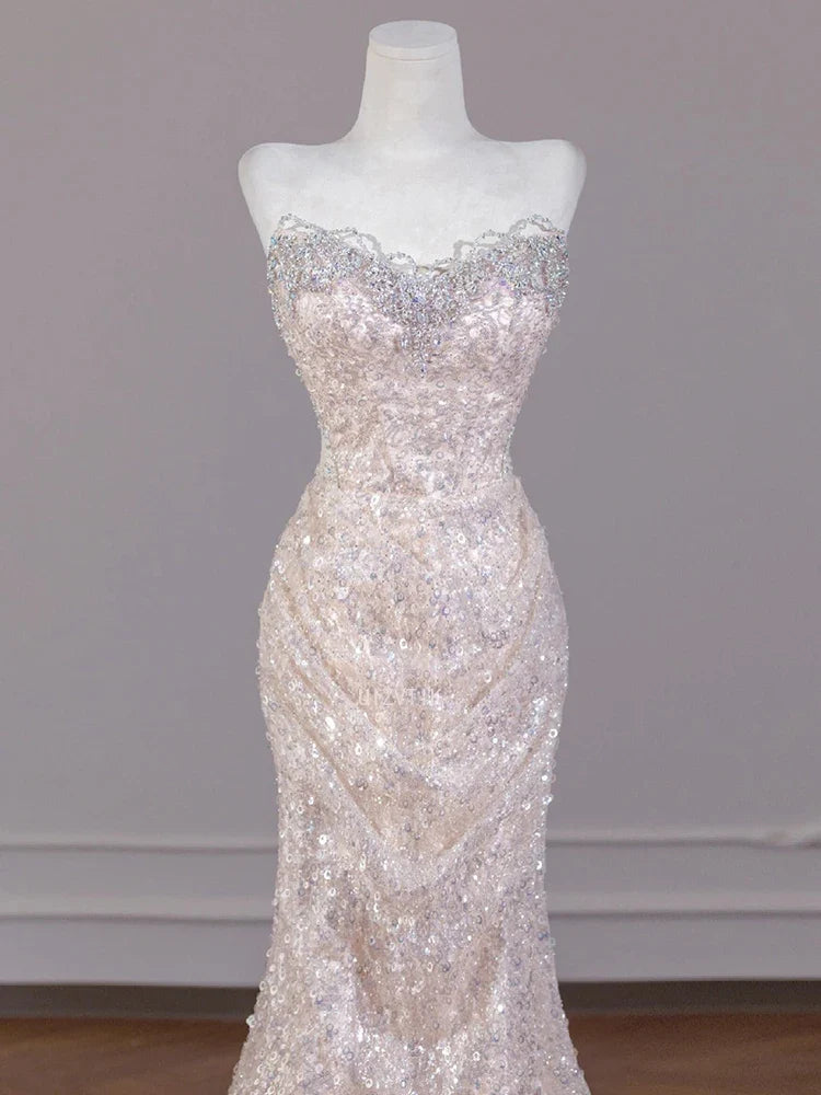 Sexy Champagne Sequins Prom Dresses Sweetheart Strapless Open Back Evening Party Dress Mermaid Sleeveless Formal Occasion Dress