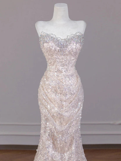 Sexy Champagne Sequins Prom Dresses Sweetheart Strapless Open Back Evening Party Dress Mermaid Sleeveless Formal Occasion Dress