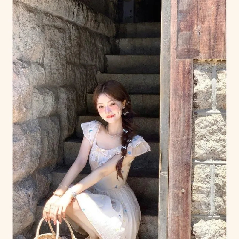 Mini Dresses Women Bow Sweet Flying Sleeve Square Collar French Style Chic Spring Summer Party Mini Dress Princess Casual