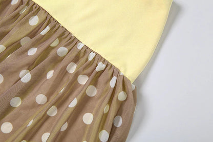 Fashion Elegant 2 Piece Set Women Sexy Trend Ruched Tank Tops+Polka Dot Print Mesh Patchwork Skirts Party Street Suit