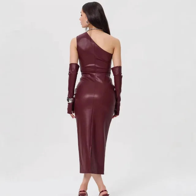 Faux Leather One Shoulder Ruched Bodycon Midi Dress