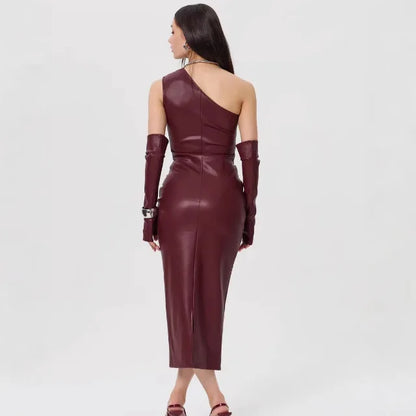 Faux Leather One Shoulder Ruched Bodycon Midi Dress