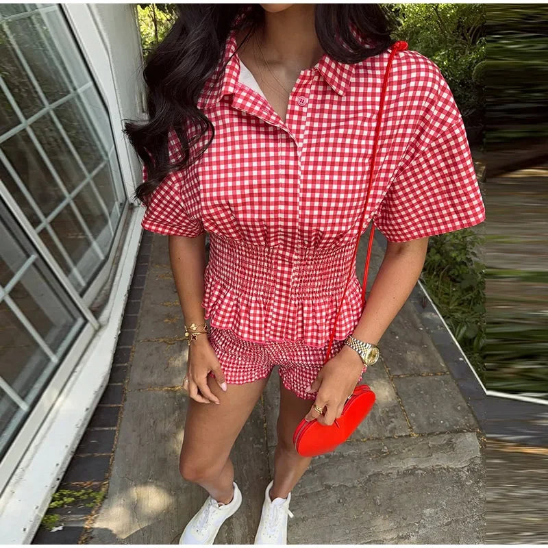 Casual Plaid Wome Shirts Shorts Suit Holidays Waist-Closed Short Sleeve Lapel Top Wide Leg Short Pants 2025 Summer Lady Set