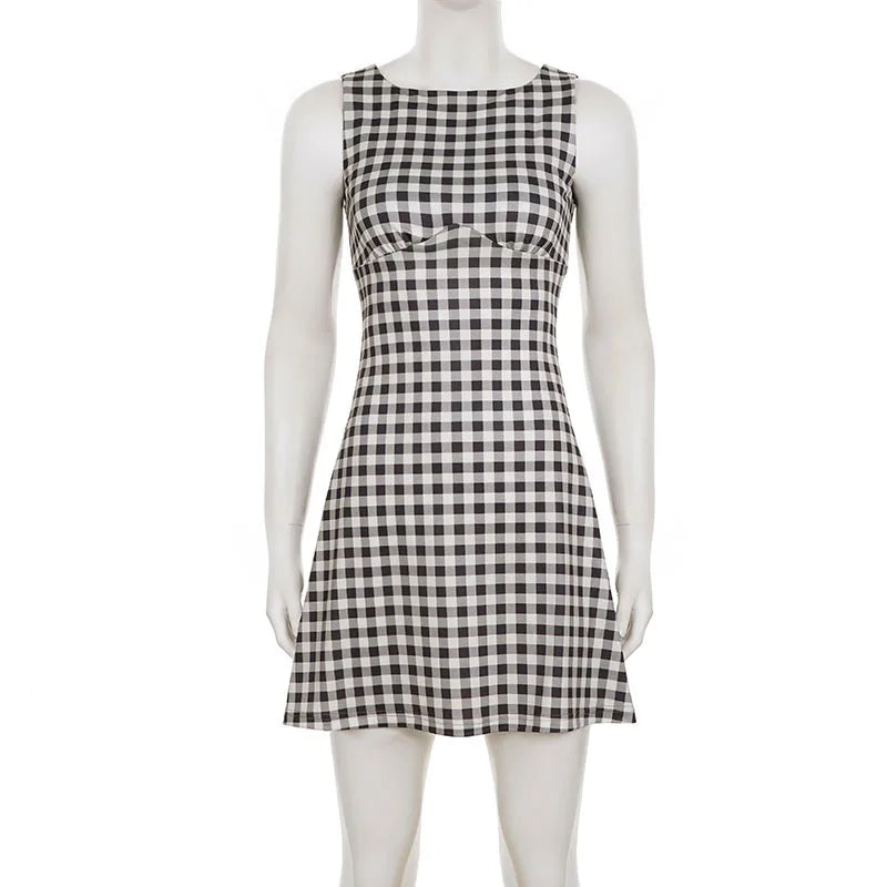 Elegant Women A Line Short Dress Fashion O Neck Plaid Print Sleeveless Tie Waist French Retro Casual Summer Mini Dress