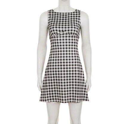 Elegant Women A Line Short Dress Fashion O Neck Plaid Print Sleeveless Tie Waist French Retro Casual Summer Mini Dress