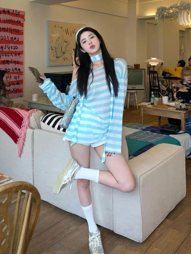 Blue Stripe One Shoulder T Shirts for Women Summer Thin Long Sleeve Sun-proof Y2k Tops Harajuku Girls Aesthetic Clothes