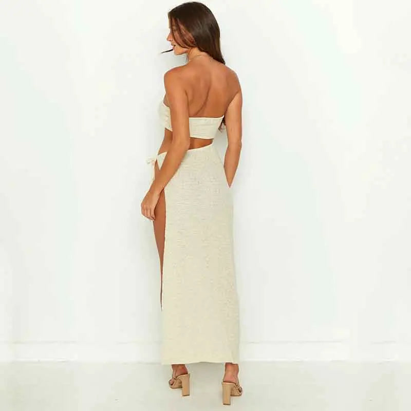 Summer New Tube Top Navel Exposed Women Sleeveless Long Dress Blue White Sexy Slim Fit Party Club Y2k High Slit Knitted Dresses