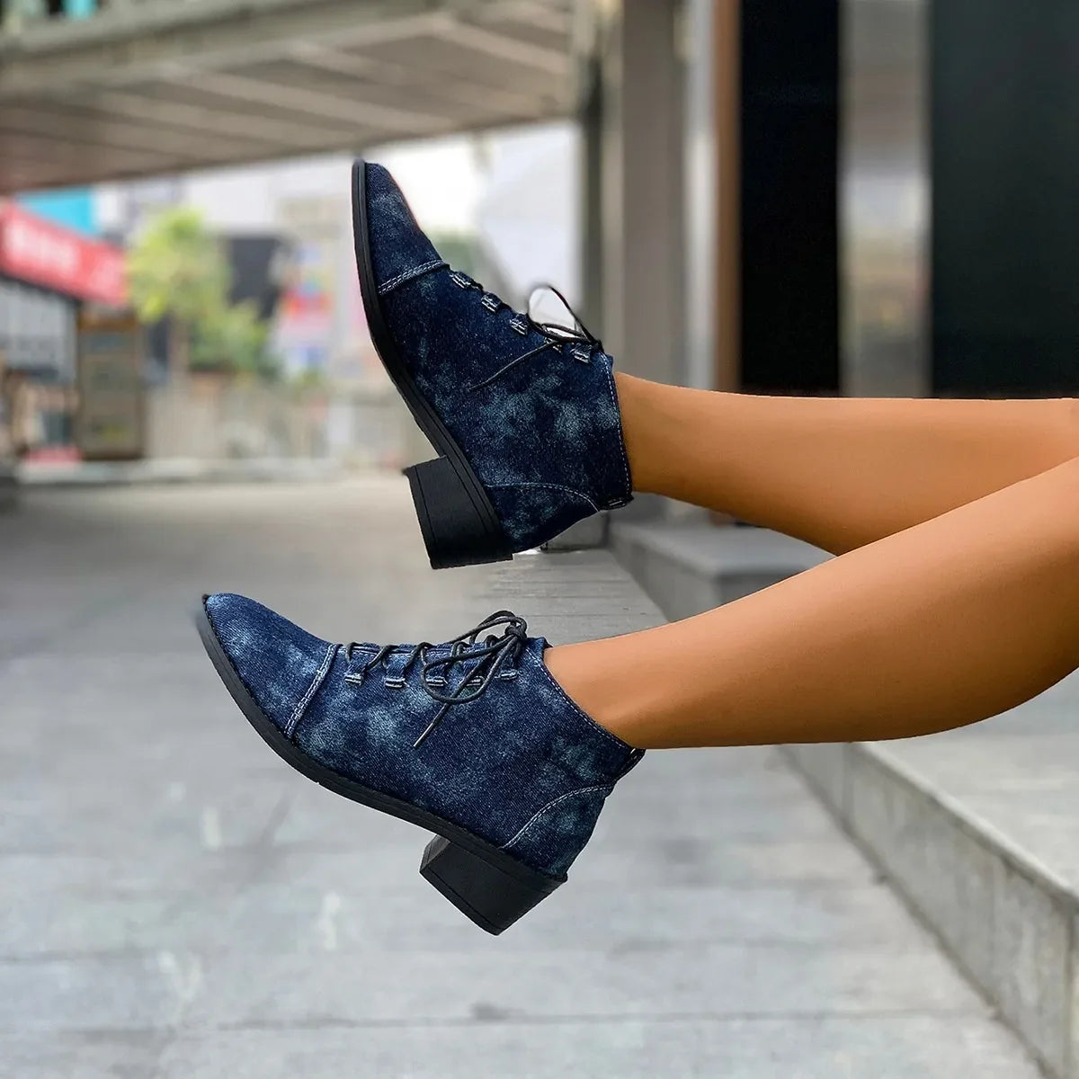 Womens Pointed Toe Denim Jeans Ankle Boots Lace Up Chunky Heel Casual Motorcycle Shoes Retro Plus Size NEW