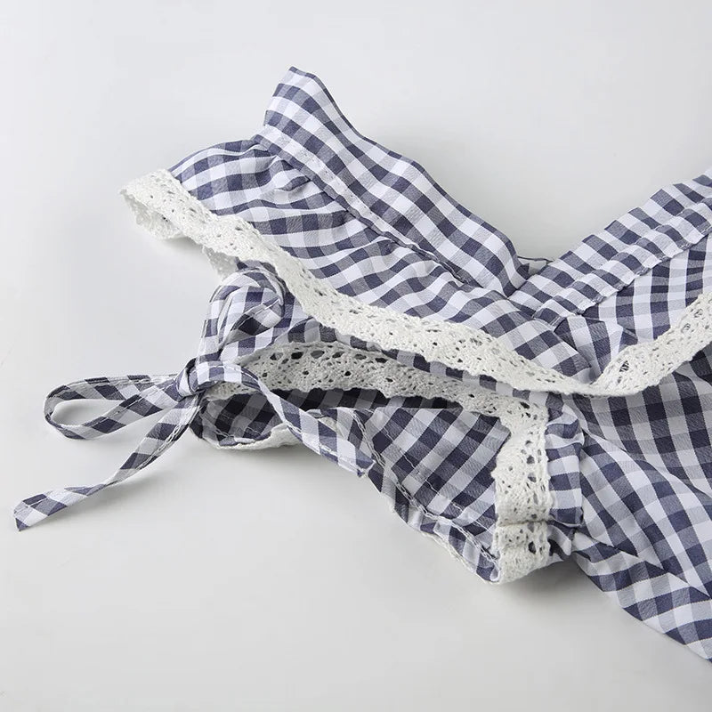 Sweet and spicy retro lace lace patchwork check shirt French daily basic cinched waist style school square neck top