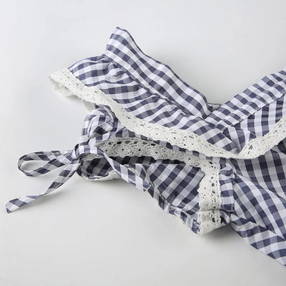 Sweet and spicy retro lace lace patchwork check shirt French daily basic cinched waist style school square neck top