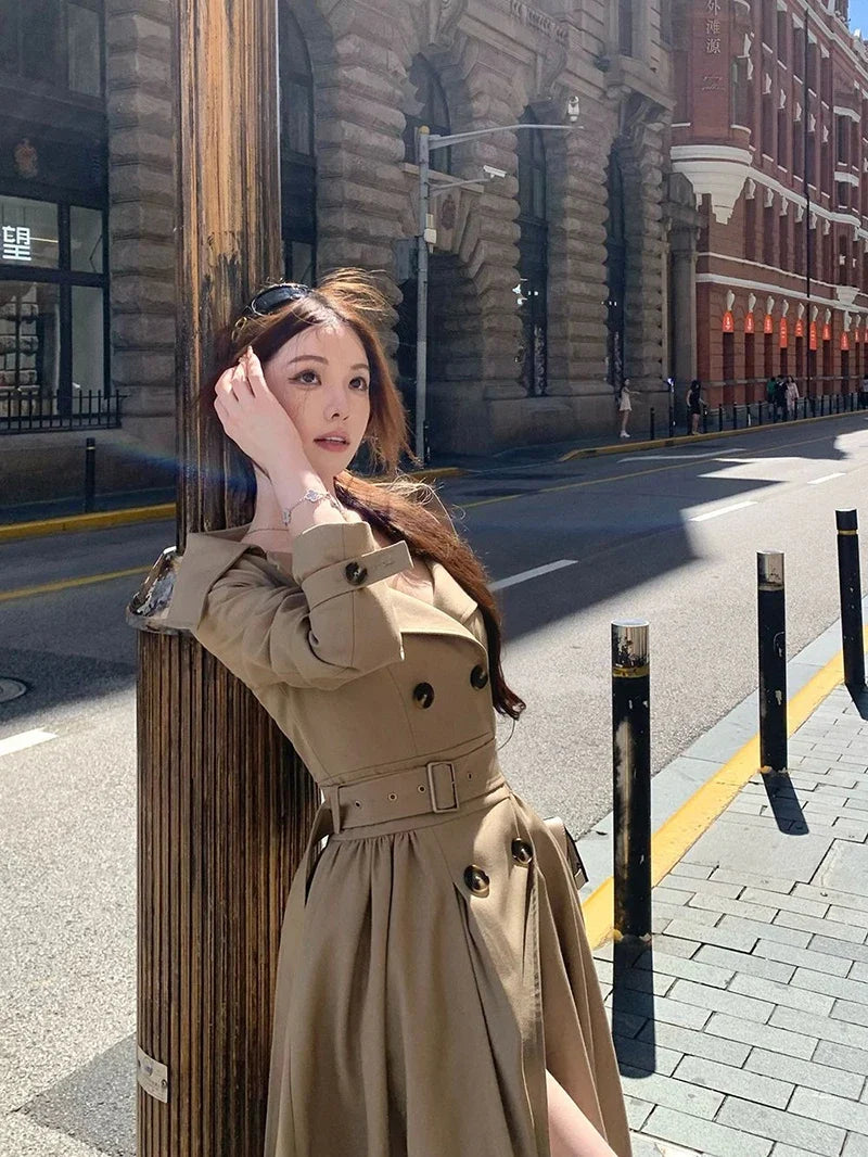 Long Trench Coat Women Streetwear Belt Sexy Off Shoulder Jackets Korean Double Breasted Outerwears Fall Winter Fashion Overcoat