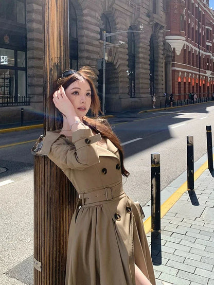 Long Trench Coat Women Streetwear Belt Sexy Off Shoulder Jackets Korean Double Breasted Outerwears Fall Winter Fashion Overcoat