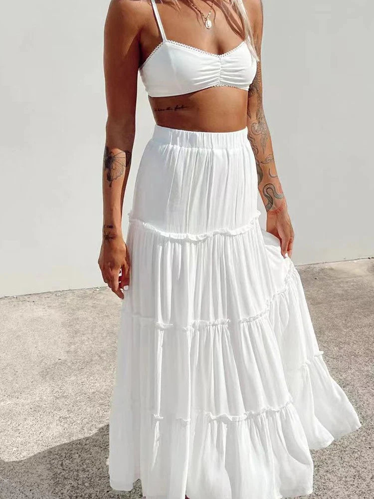 Casual Skirts Women Fashion Vintage Streetwear Skirts Solid Loose Floral Folds Elastic Waist Midi 2024 New Spring Summer Skirts