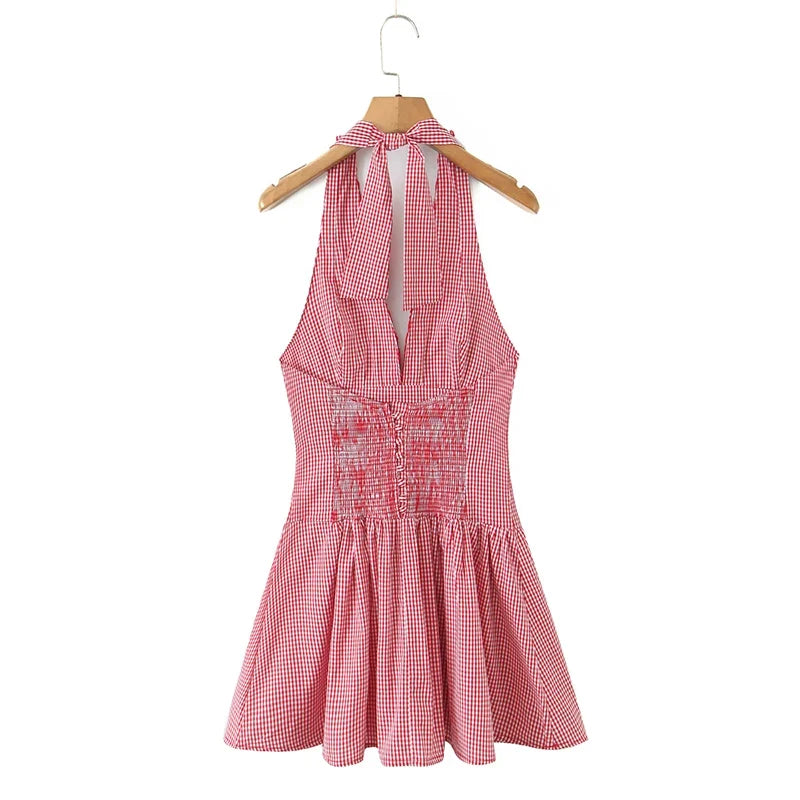 Fashionable Short Red Plaid Dress Women Sexy Backless A-line Mini Summer Halter Dress Vacation Robe 2026