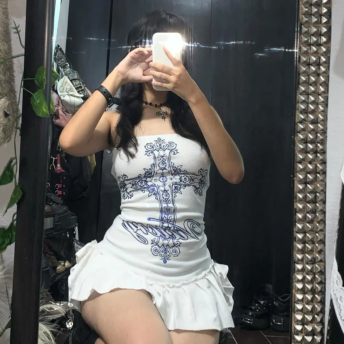 Y2K Dress Womens Gothic Retro Hip Hop Pattern Dress Slim Sleeveless Summer Sexy Fashion Slim Backless White Mini Dress