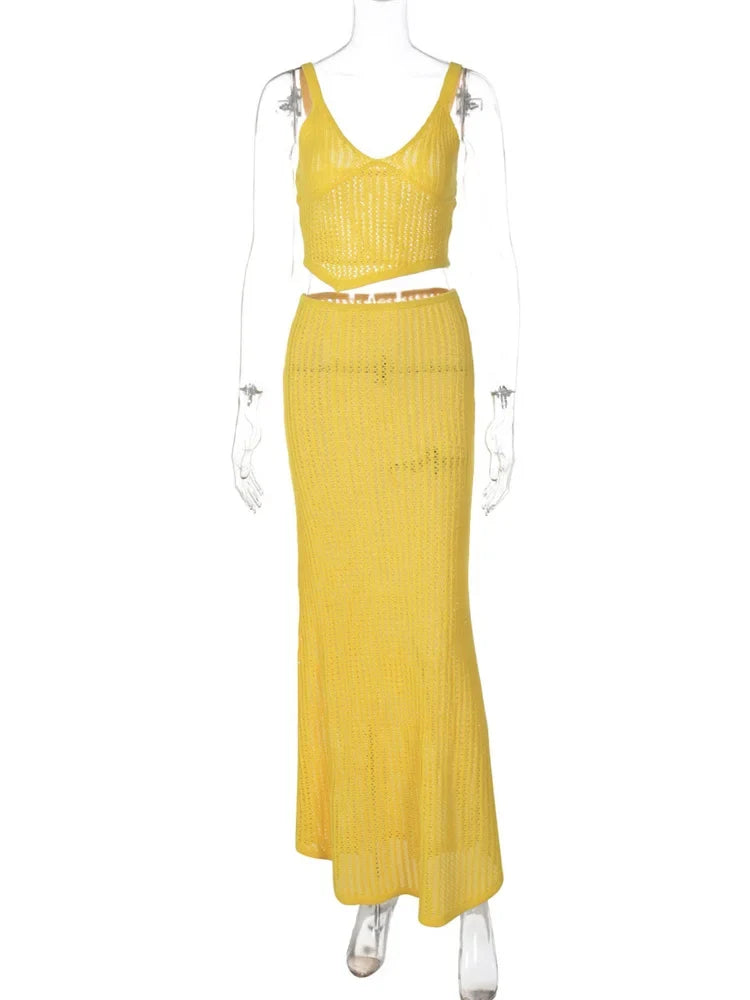 Summer Long Skirt 2 Piece-Set Female Ribbed Backless Cropped Top And High Waist Maxi Skirt Sets Knitwear Outfits Women's