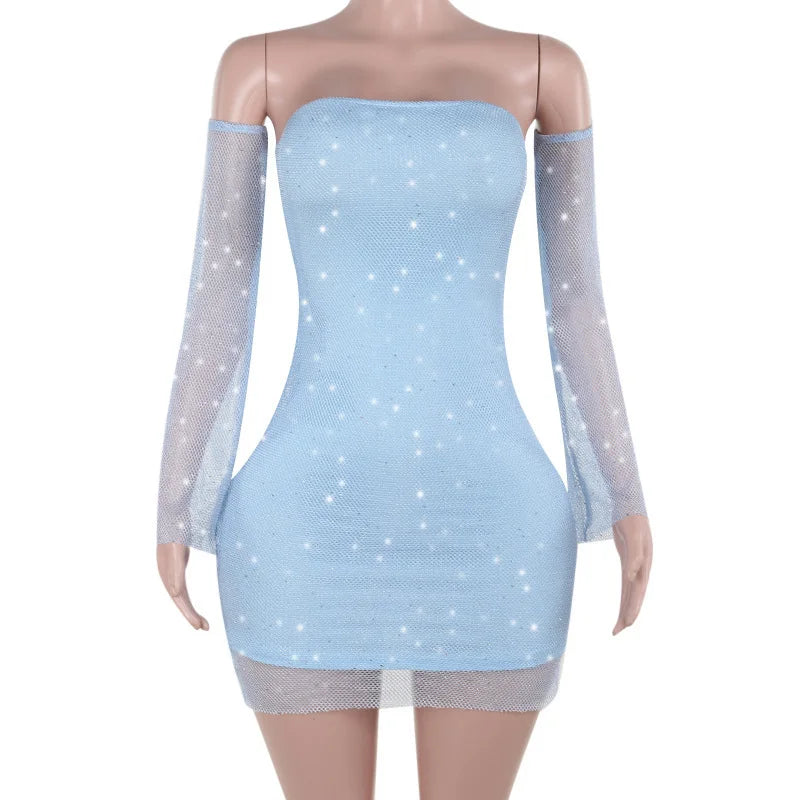 Strapless Rhinestone Mesh Tube Bodycon Mini Dress