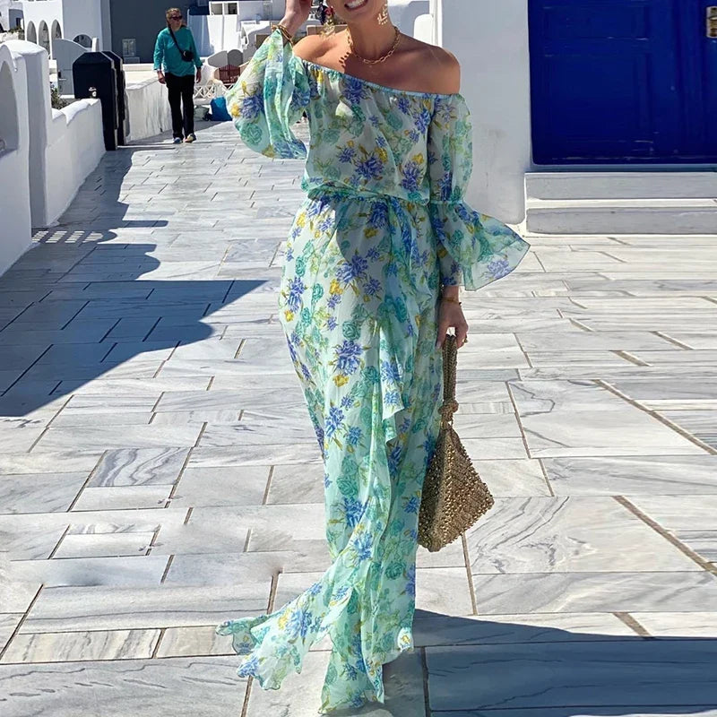 Elegant Draped Pleat Maxi Dress Elegant Bohe Flare Sleeve Female Dress Lady One Shoulder Lace-up Chiffon Vocation Dress