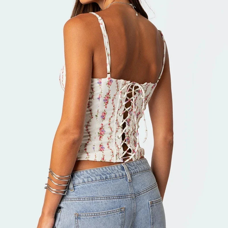 Backless Criss Cross Tie-Up Floral Cami Top