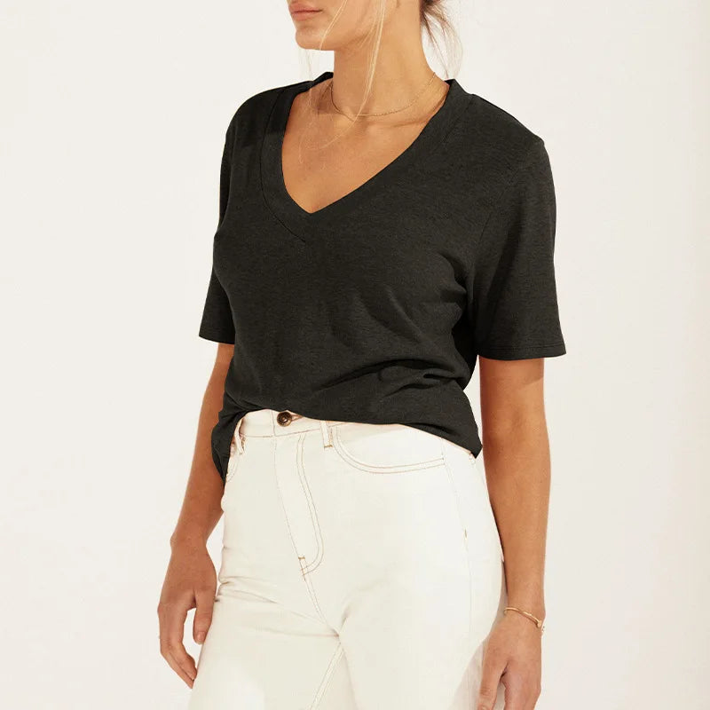New Fashion Knitted Linen Texture Bamboo Joint Cotton Short-sleeved Loose for Women Deep V-neck Design T-shirt Top 2026 Summer