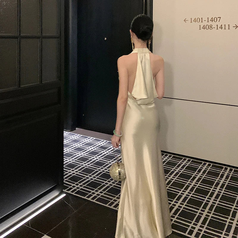 Acetate Satin Off-Shoulder Backless Long Dress Sexy Slim-Fit Gown for Birthday Party Lightweight Evening Dress