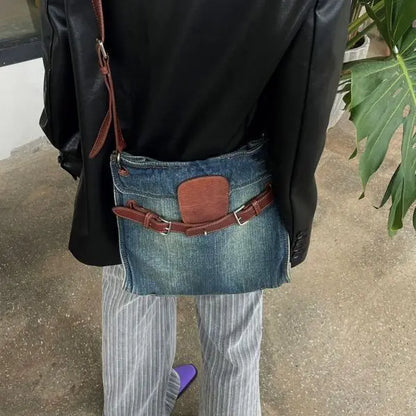 Fashionable and Versatile Contrasting Denim Vintage Design Single Shoulder Crossbody Bag for Women Jeans Bags
