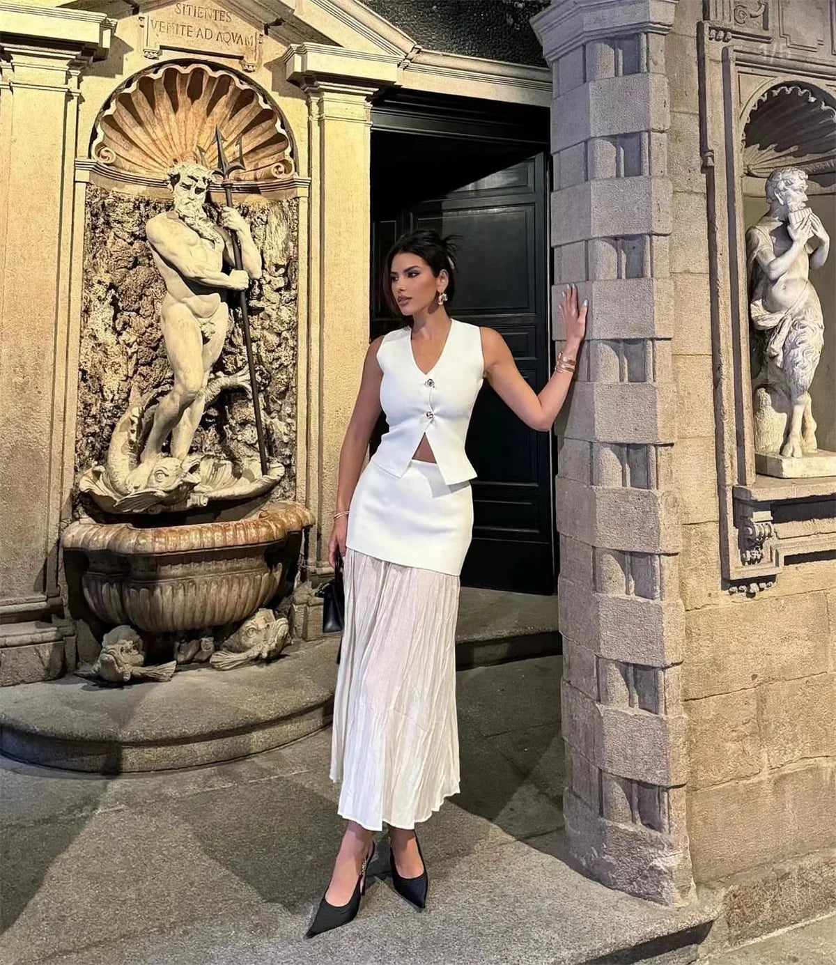 V-neck Knitted Button Sets Solid Sleeveless Vest Patchwork Pleat Gauze Skirt Suit Women 2024 New 2 Pieces Chic Outfit Streetwear