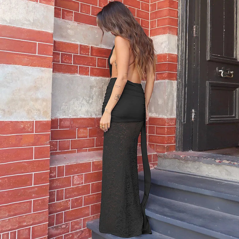 Halter Plunge V-Neck Ruched Sash Lace Skirt Maxi Gown