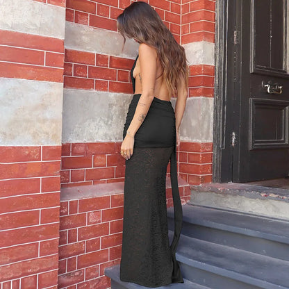 Halter Plunge V-Neck Ruched Sash Lace Skirt Maxi Gown