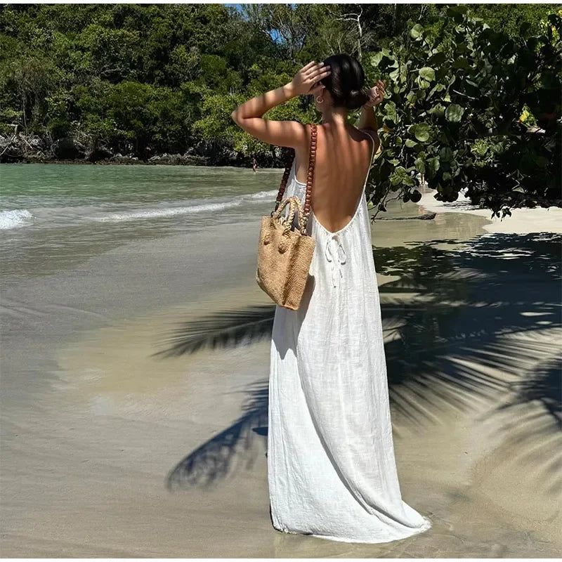 Sexy Backless Women's Side Split Loose Maxi Dress Fashion V-neck Sleeveless Sling Robe Female New Chic Vacation Vestido
