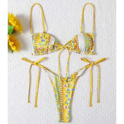 New Floral Print String Bandage Bikinis Triangle Cup Push Up Swimsuit Women Bathing Suit Beachwear Halter Swimwear XS