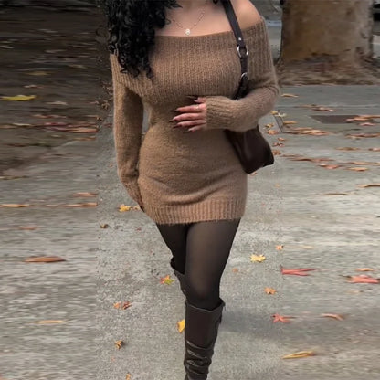 Women's Sexy Off-the-shoulder Bodycon Sweater Trendy Retro Stylish Outfit Office Ladies Party Elegant Temperament Autumn Clothes