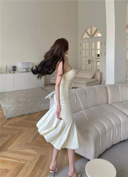 Summer Aesthetic Midi Dress Women Strapless Fishbone Bandage Irregular Dress Party Club Sexy Elegant Dresses Backless Solid