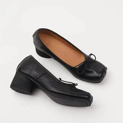 Fashion Square toe Bowknot Soft Leather Women Pumps Spring Summer Ballet Style Thick High heels Casual Chunky Loafer Shoes