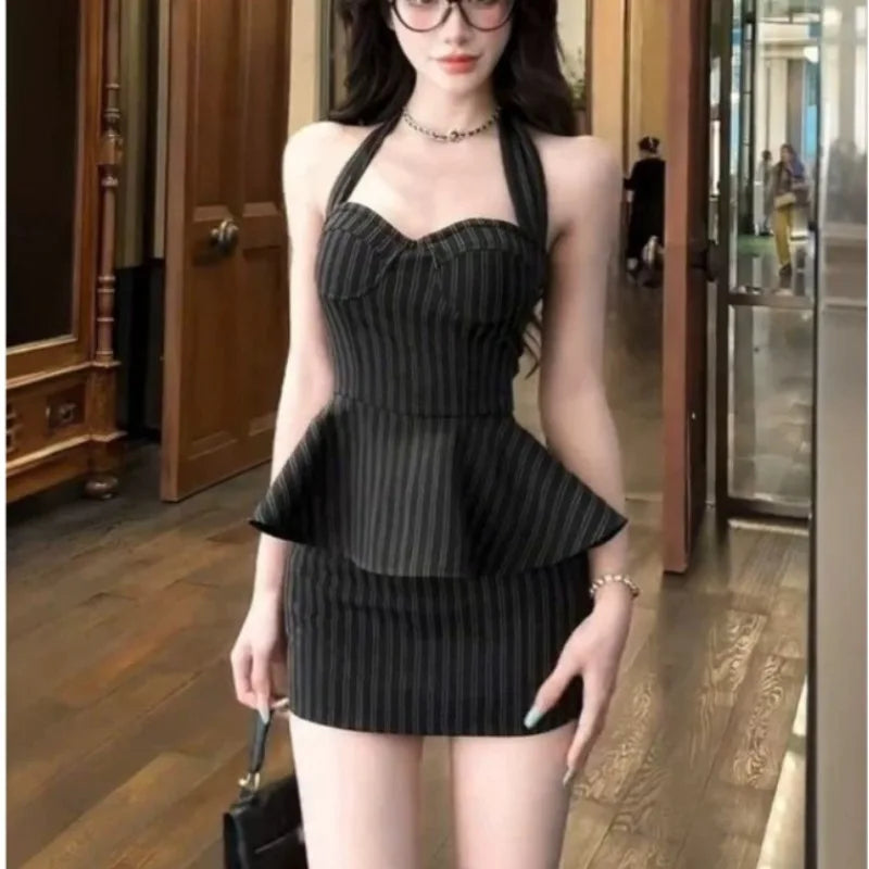 Large Size Slightly Fat Mm Sexy Neck Retro Striped Splicing Fake Two-piece Dress Women's Summer Pure Desire Hip Skirt